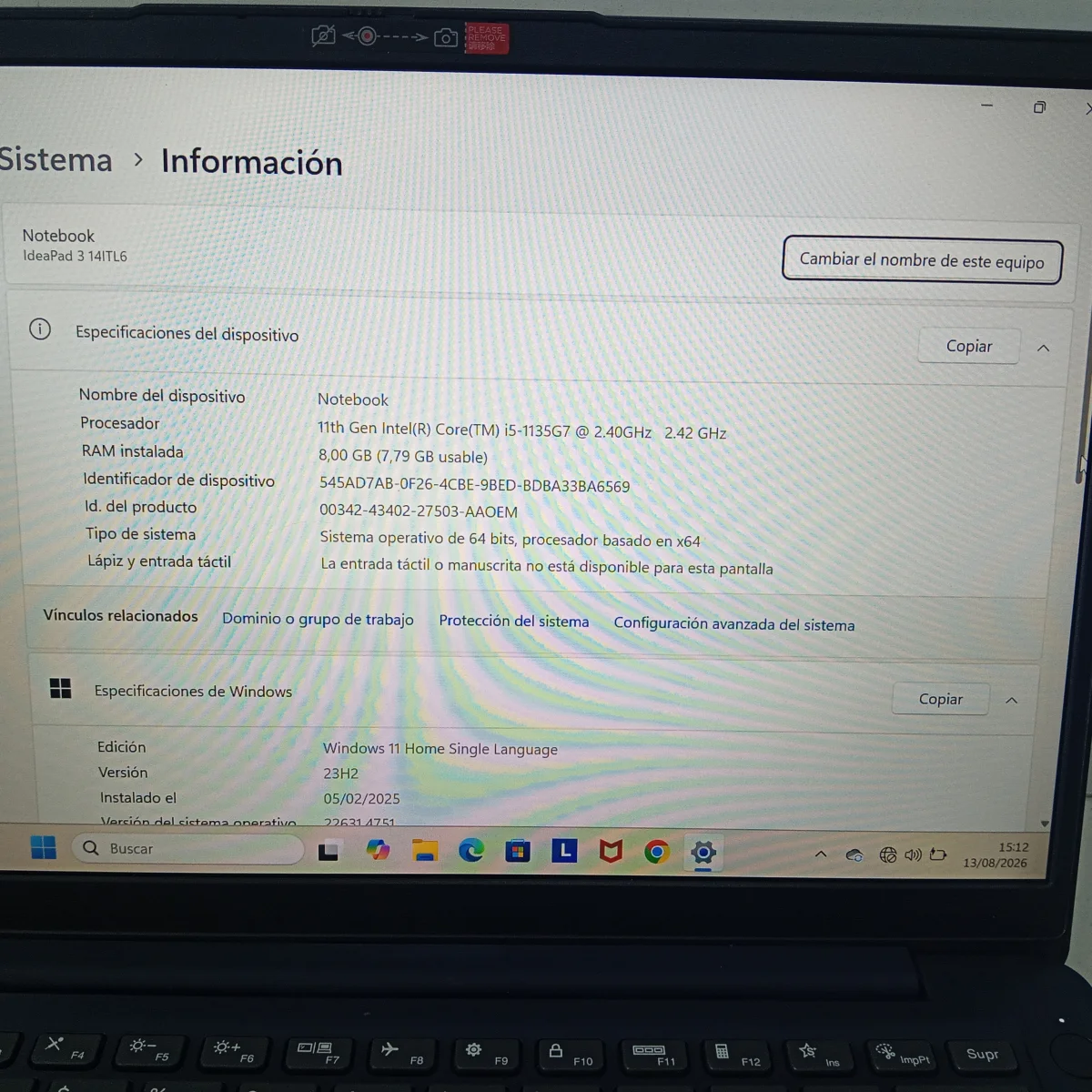 Foto 3 de Notebook Marca Lenovo Modelo Name Idealpad Procesador I5 Inter Core I5-1135g7 Memoria Ram 8 Gb Disco Duro 237 Gb Generacion 11 Acc No Tiene