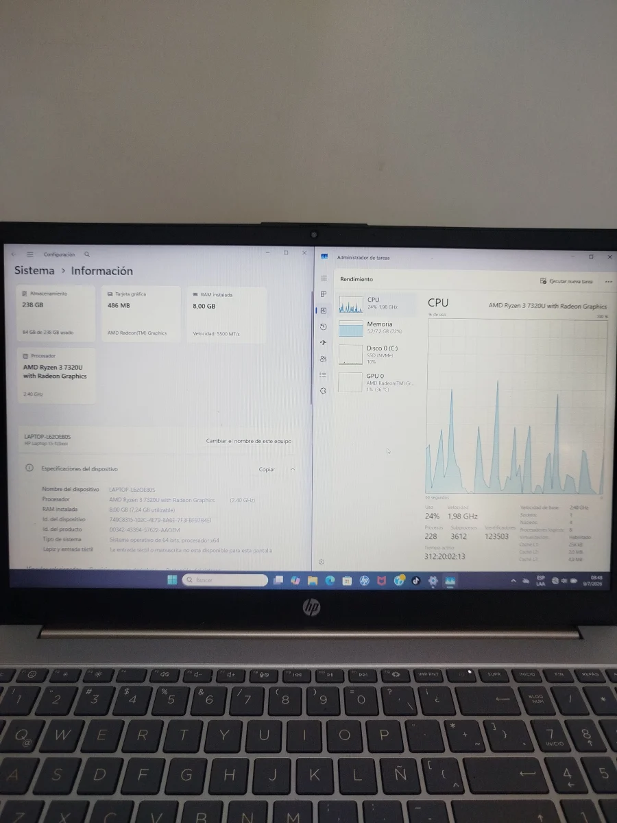 Foto 2 de Notebook Marca Hp Modelo 15-Fc00061a Procesador Ryzen 3 Memoria Ram 8 Gb Disco Duro 260 Gb Generacion 11 Acc T/NumericoEntradas Usb-Dmi-Lam