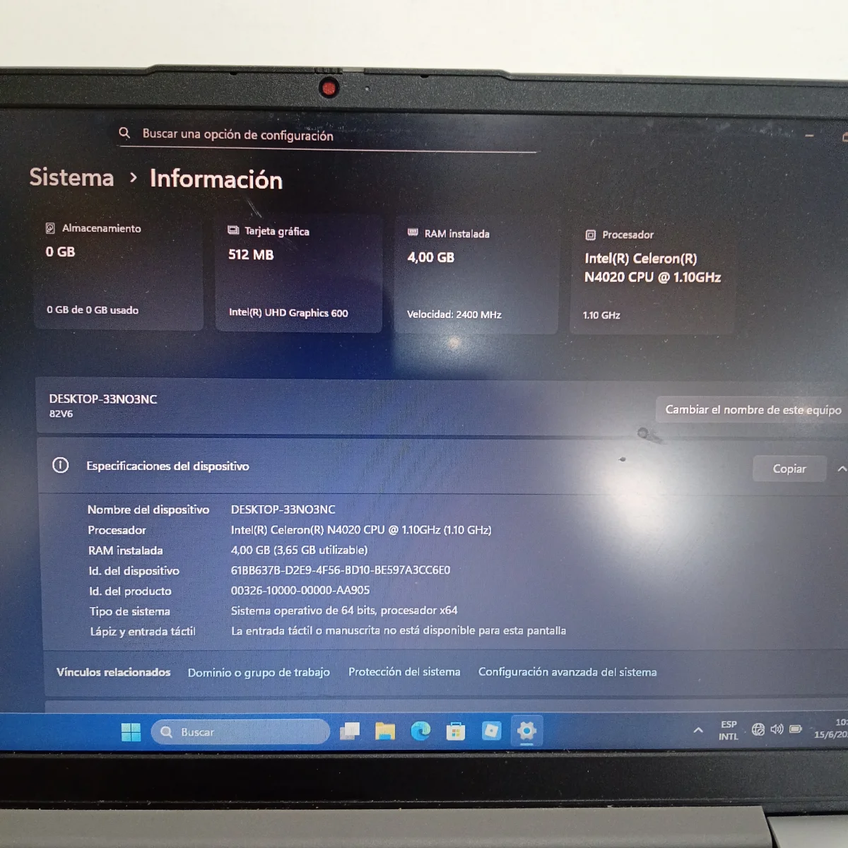 Foto 3 de Notebook Marca Lenovo Modelo 14gl7 Procesador Celeron Memoria Ram 4 Gb Disco Duro 115 Gb Generacion 9 Acc No Tiene