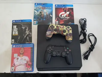 Juego Electronico Ps4 Marca Sony Modelo Slim (Cuh-2215b) Disco Duro 1.000 Gb Con Control Sin Caja Usado En Buen Estado Acc 2 Controles (Negro Y Personalizado Gta V)1 Cable Hdmi1 Cable Cte4 Juegos Físicos En Caja (Tlou-Gow-Gt-Fifa20)