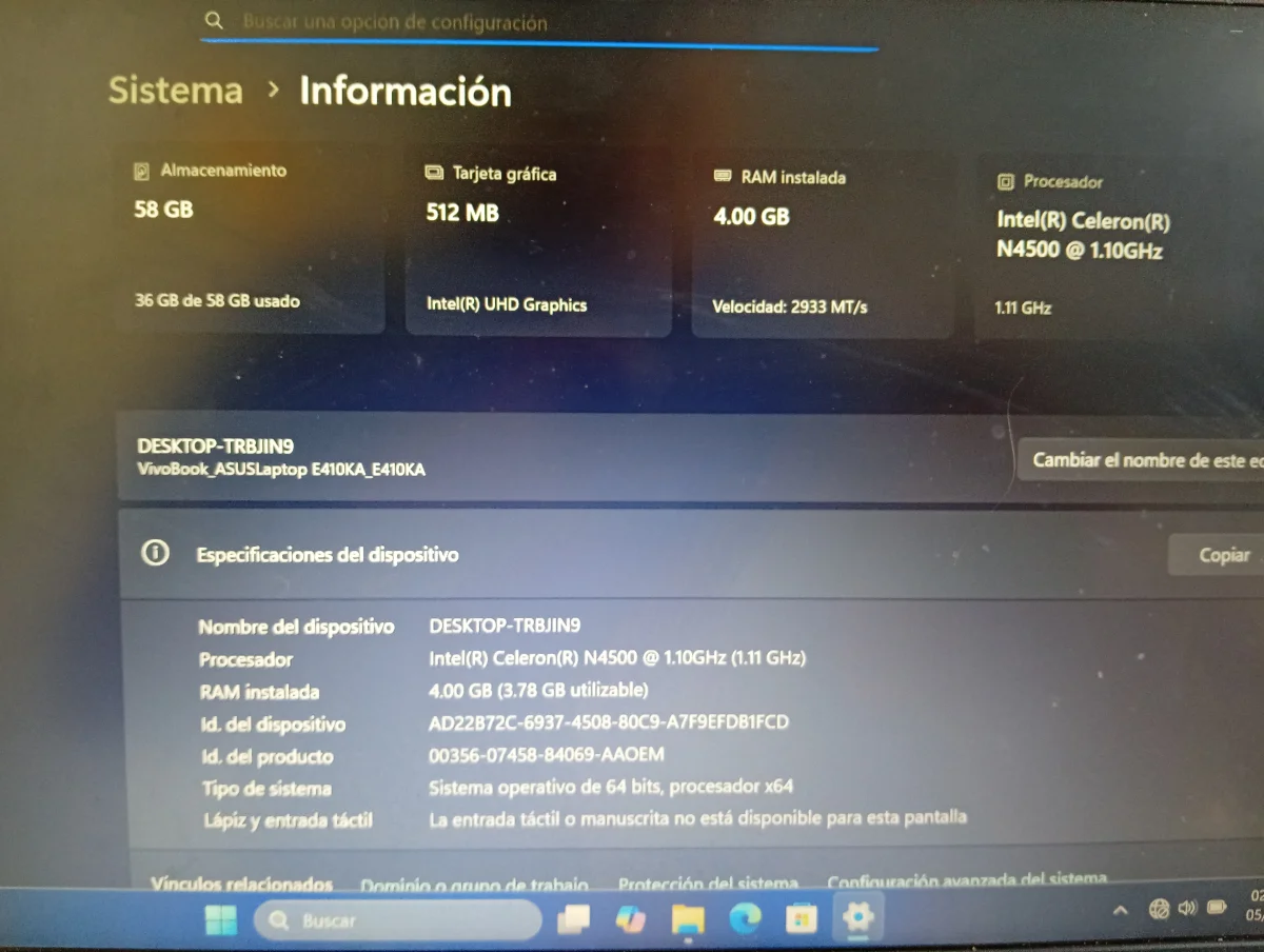 Foto 2 de Notebook Marca Asus Modelo E410ka-Cl464 Procesador Celeron Memoria Ram 4 Gb Disco Duro 500 Gb Generacion No Tiene Acc Cargador Mouse