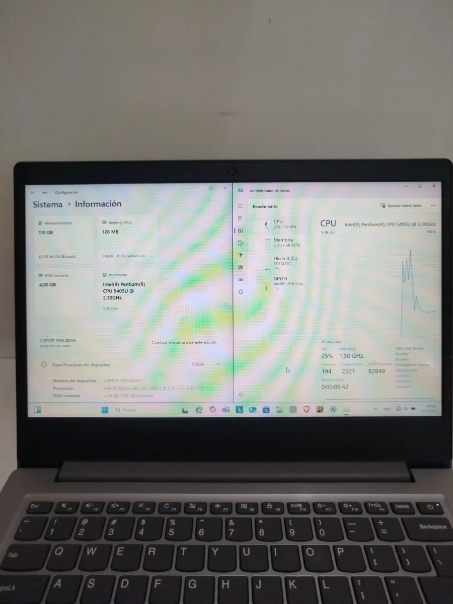 Foto 2 de Notebook Marca Lenovo Modelo 81mu Procesador Intel Pentium Memoria Ram 4 Gb Disco Duro 119 Gb Generacion 8 Acc No Tiene