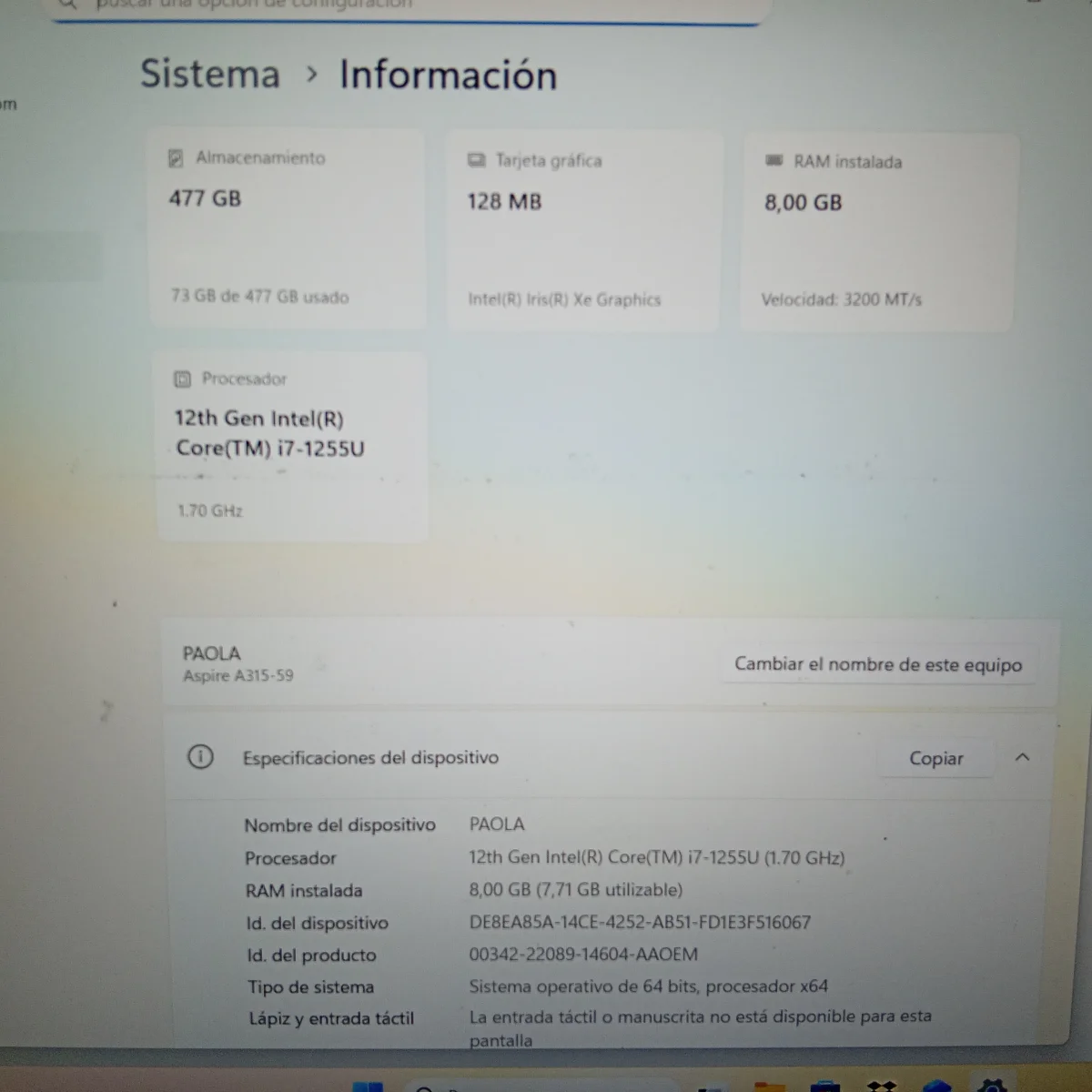 Foto 2 de Notebook Marca Acer Modelo N22c6 Procesador Core I7 Memoria Ram 8 Gb Disco Duro 500 Gb Generacion 12 Acc Ent. Usb Hdmi