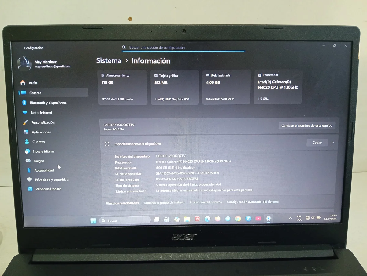 Foto 3 de Notebook Marca Acer Modelo N19h1 Procesador Celeron Memoria Ram 4 Gb Disco Duro 119 Gb Generacion No Tiene Acc Teclado Numerico