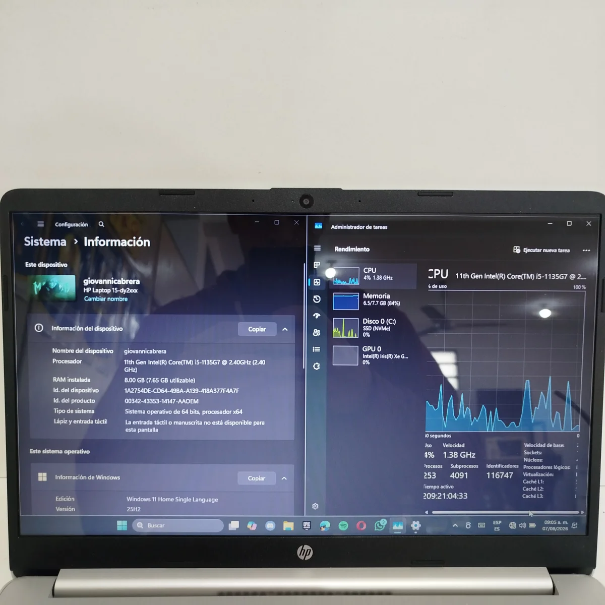 Foto 3 de Notebook Marca Hp Modelo 15-Dy2052la Procesador Core I5 Memoria Ram 8 Gb Disco Duro 256 Gb Generacion 11 Acc Cargador