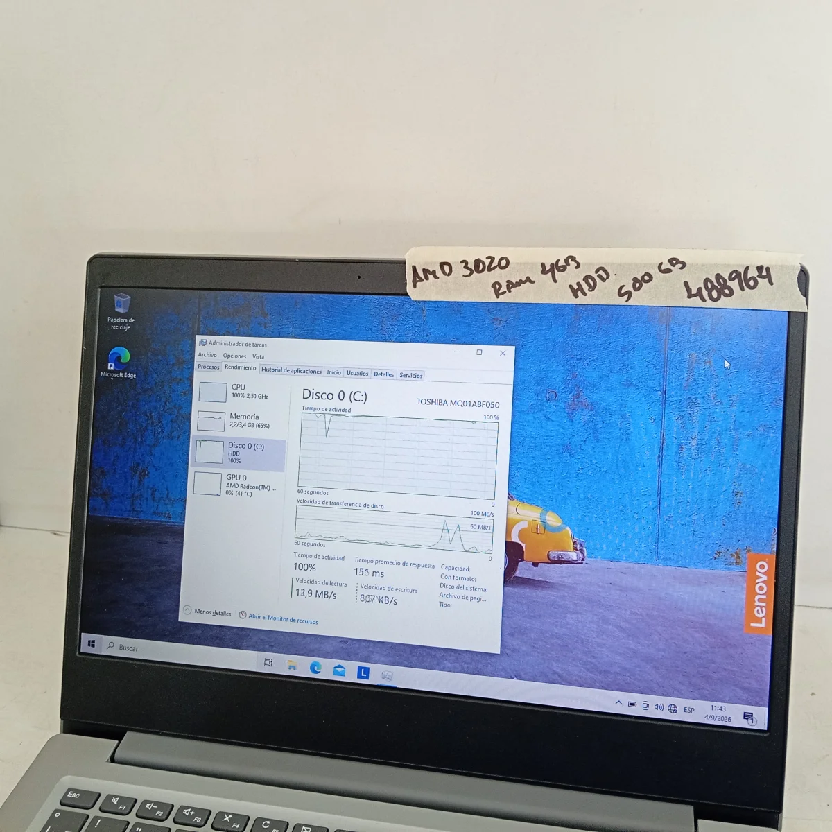 Foto 3 de Notebook Marca Lenovo Modelo 81uv Procesador Amd Memoria Ram 4 Gb Disco Duro 500 Gb Generacion 3.020 Acc En Caja