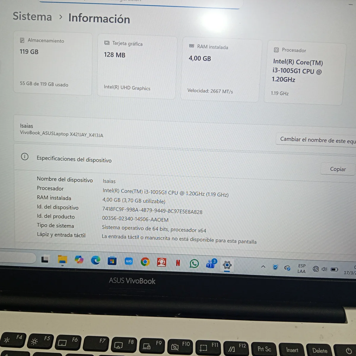 Foto 3 de Notebook Marca Asus Vivobook Modelo X413j Procesador Intel Core I3 Memoria Ram 4 Gb Disco Duro 119 Gb Generacion 10 Acc No Tiene