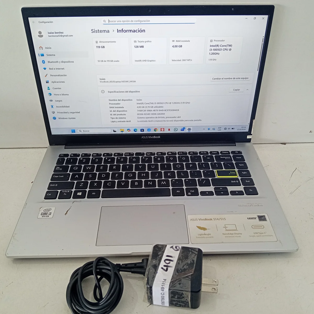 Notebook Marca Asus Vivobook Modelo X413j Procesador Intel Core I3 Memoria Ram 4 Gb Disco Duro 119 Gb Generacion 10 Acc No Tiene