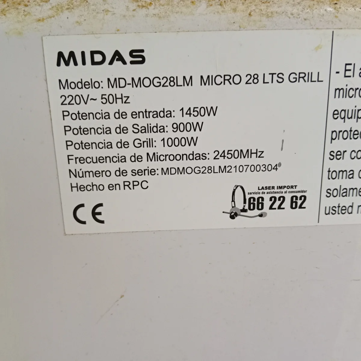 Foto 3 de Microondas Marca Midas Modelo Md-Mog28lm Usado En Buen Estado Acc Plato De Vidrio