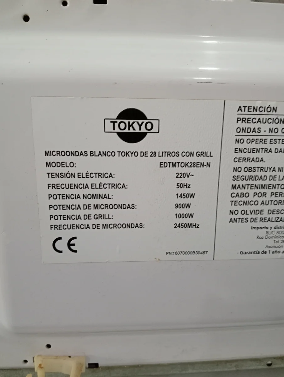 Foto 3 de Microondas Marca Tokyo Modelo Edtmtok28en-N Usado En Buen Estado Acc Un Plato De Vidrio