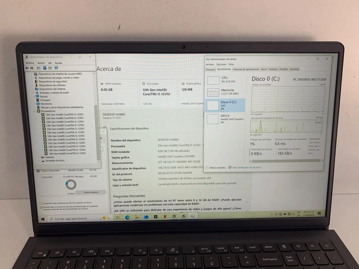 Foto 2 de Notebook Marca Dell Inspiron 15 3520 Modelo P112f Procesador Intel Core I5 Memoria Ram 8 Gb Disco Duro 500 Gb Generacion 12 Acc C/Teclado Numerico