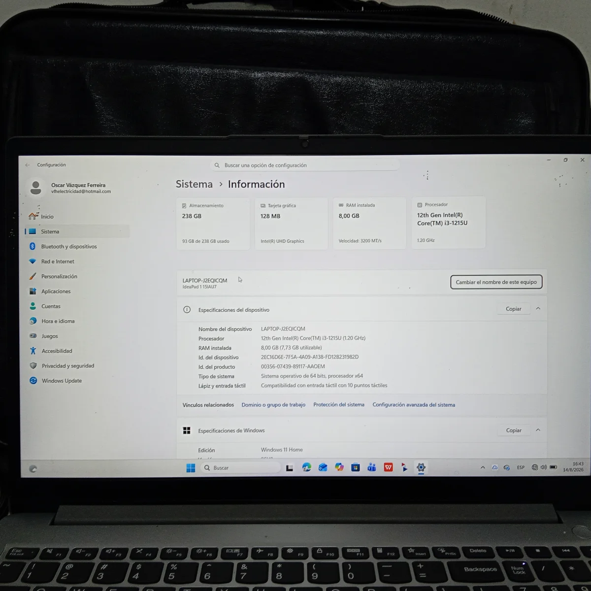 Foto 3 de Notebook Marca Lenovo Modelo Ideapad115iau7 Procesador Intel Core Memoria Ram 8 Gb Disco Duro 236 Gb Generacion 12 Acc Cable Cte Con Transformador
