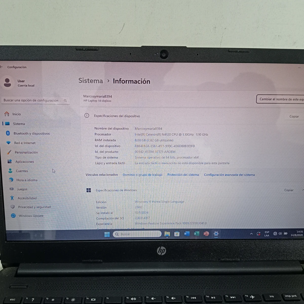 Foto 2 de Notebook Marca Hp Modelo 14-Dq0xxx Procesador Celeron Memoria Ram 8 Gb Disco Duro 118 Gb Generacion No Tiene Acc Cargador