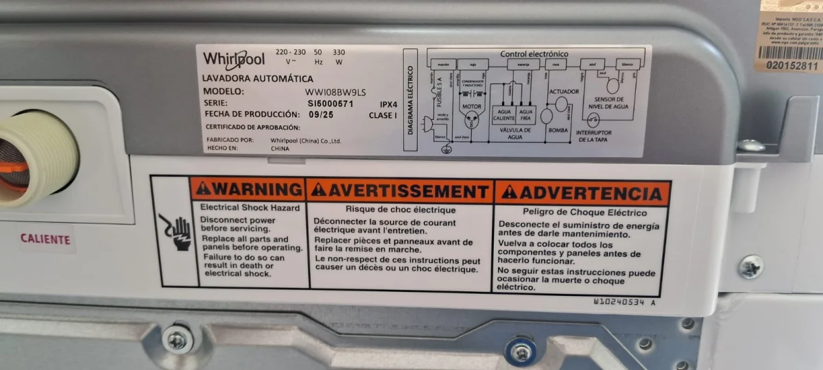 Foto 4 de Lavarropas Cap 9 Kg. Marca Whirlpool Modelo Wwi08bw9ls Nuevo Sin Uso Acc Manguera De Carga Y Descarga RejillaPanel DijitalManual