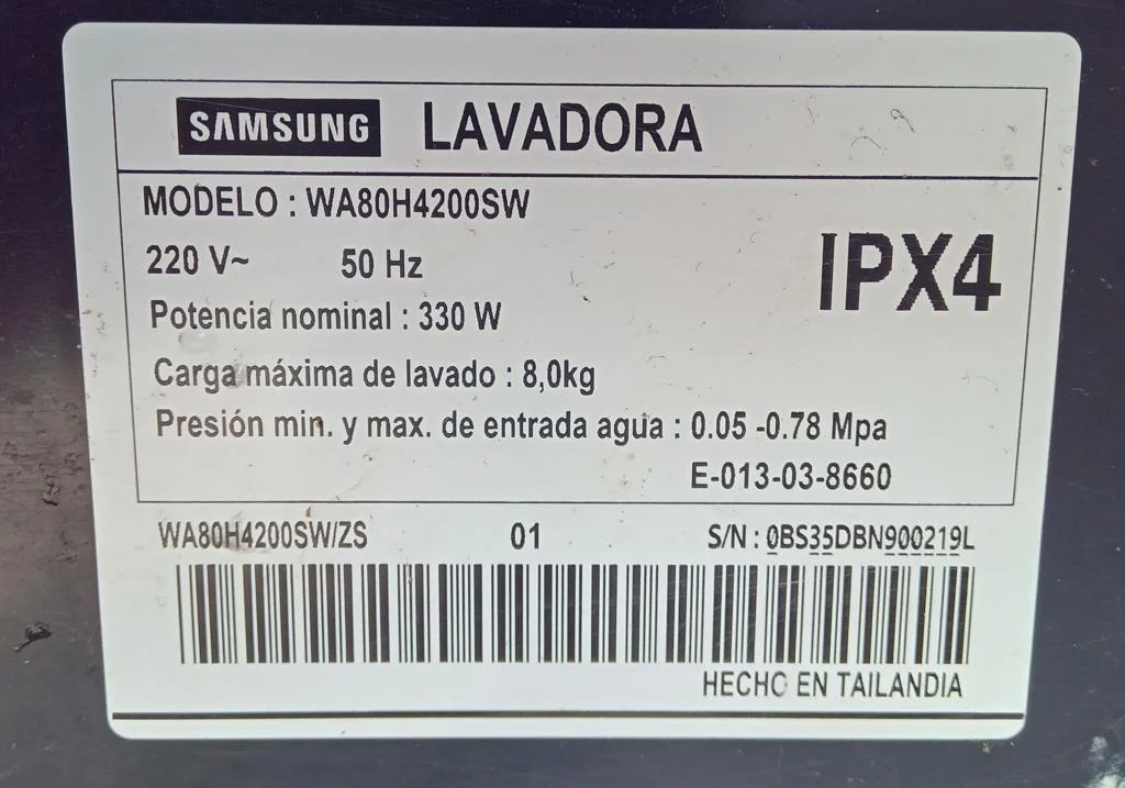 Foto 3 de Lavarropas Cap 8 Kg. Marca Samsung Modelo Wa80h4200sw Usado En Buen Estado Acc Con Manguera De Carga Y Descarga