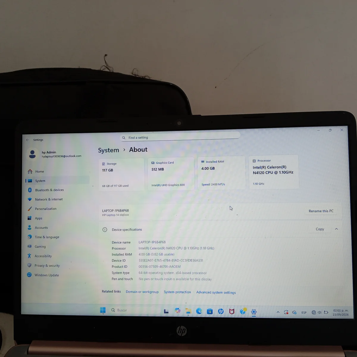 Foto 2 de Notebook Marca Hp Modelo 14-Dc0762dx Procesador Celeron Memoria Ram 4 Gb Disco Duro 117 Gb Generacion No Tiene Acc Cargador