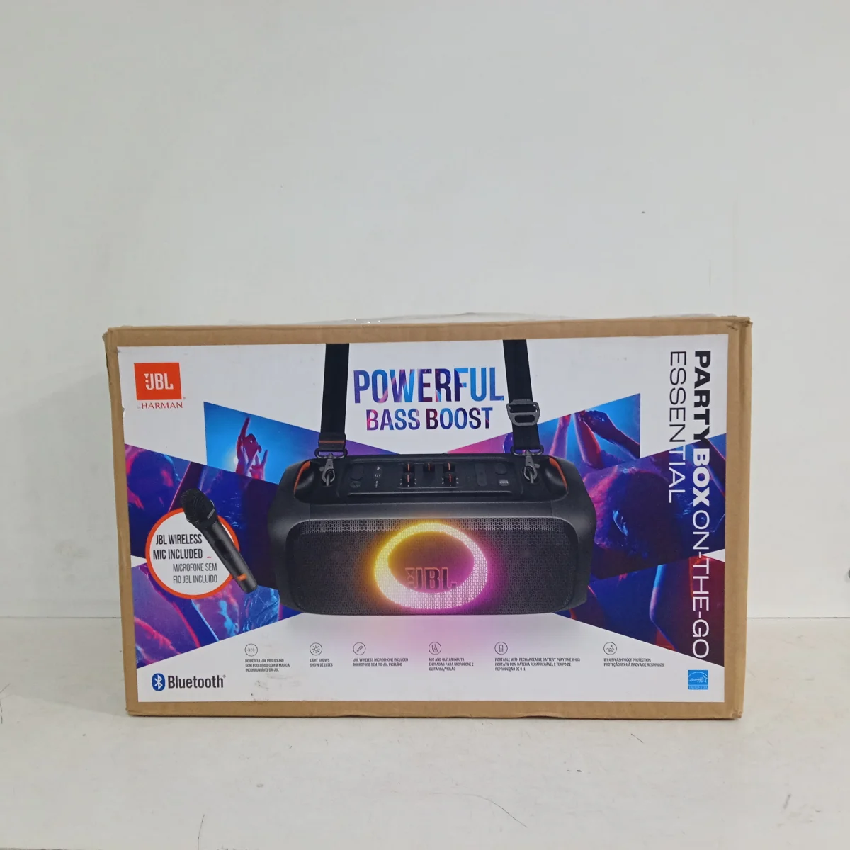 Caja De Sonido Amplificada Marca Jbl Modelo On The Go Sin Control Usado En Buen Estado Acc Con Cable Power Cinturon Colgante Luces Led 1 Microfono Con Tapa Fisurada